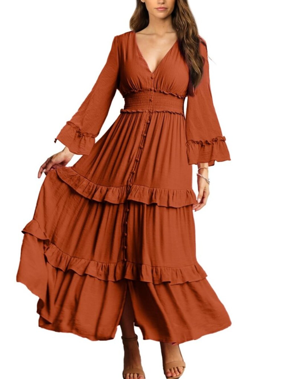 Women's V Neck Long Sleeve Boho Maxi Dress 2026 Fall Wedding Guest Long Flowy